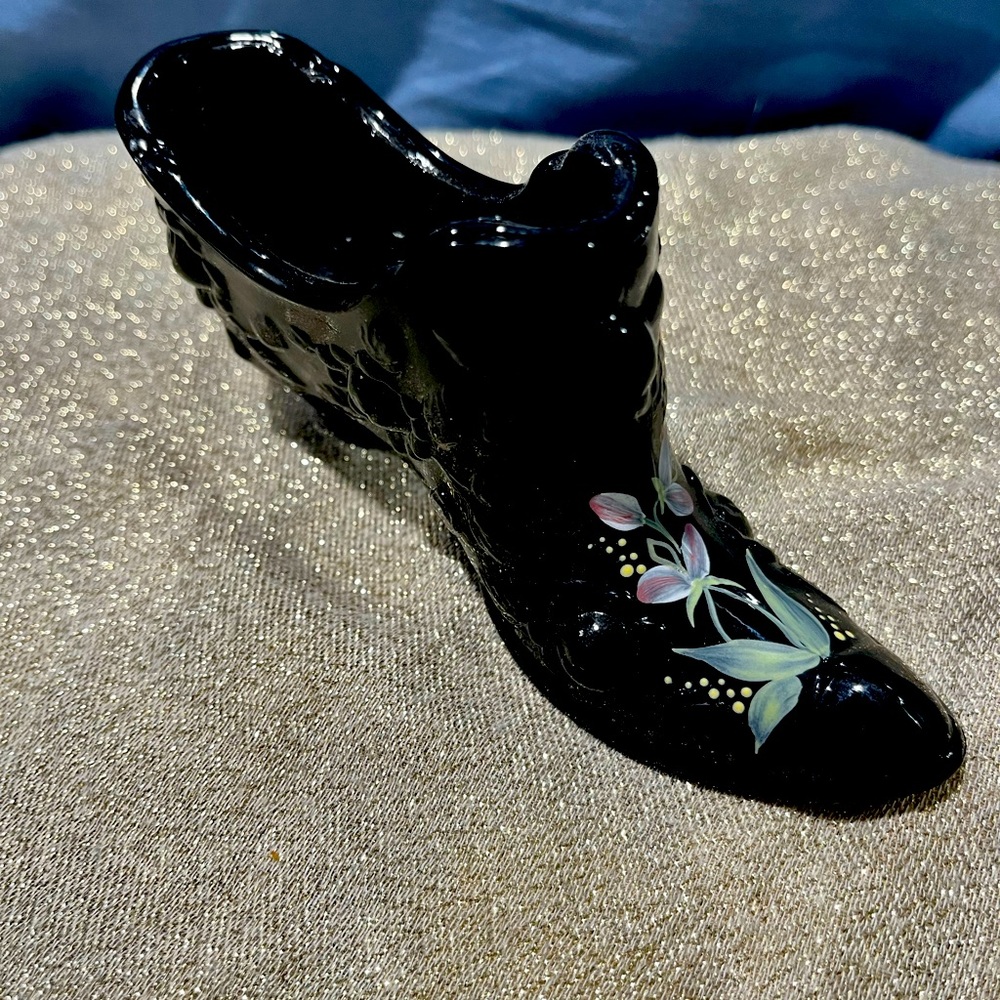 Vintage Fenton Black Glass Shoe Hand Painted Artist Signed